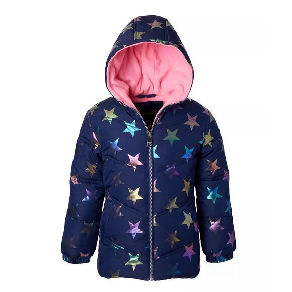 Pink Platinum Girls All Over Star Puffer‎ Jacket with Fleece Hood Size L